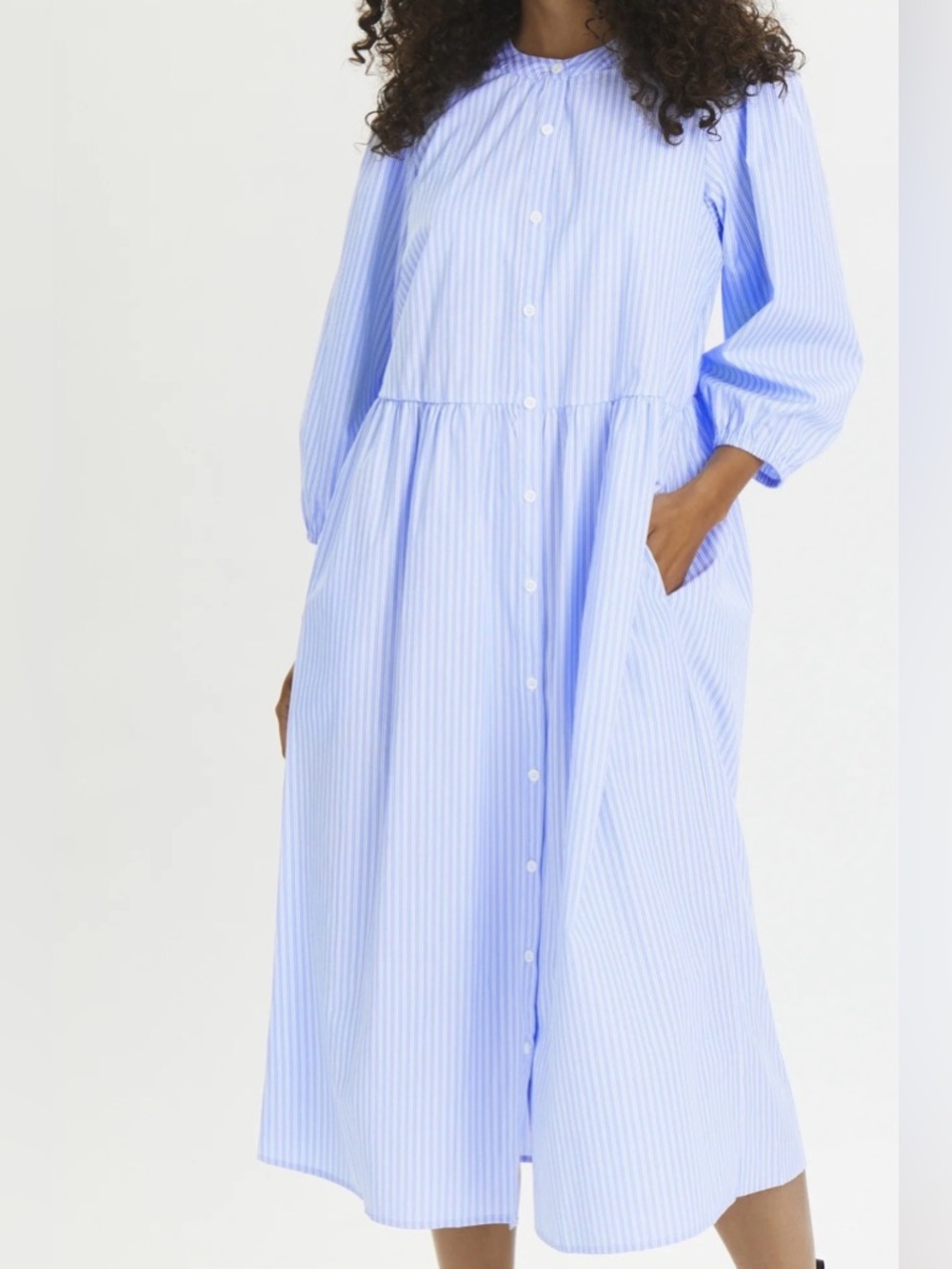 Blue Stripe Midi Dress Puff Sleeve Cotton Blend Size 36 Small - Picture 4 of 10